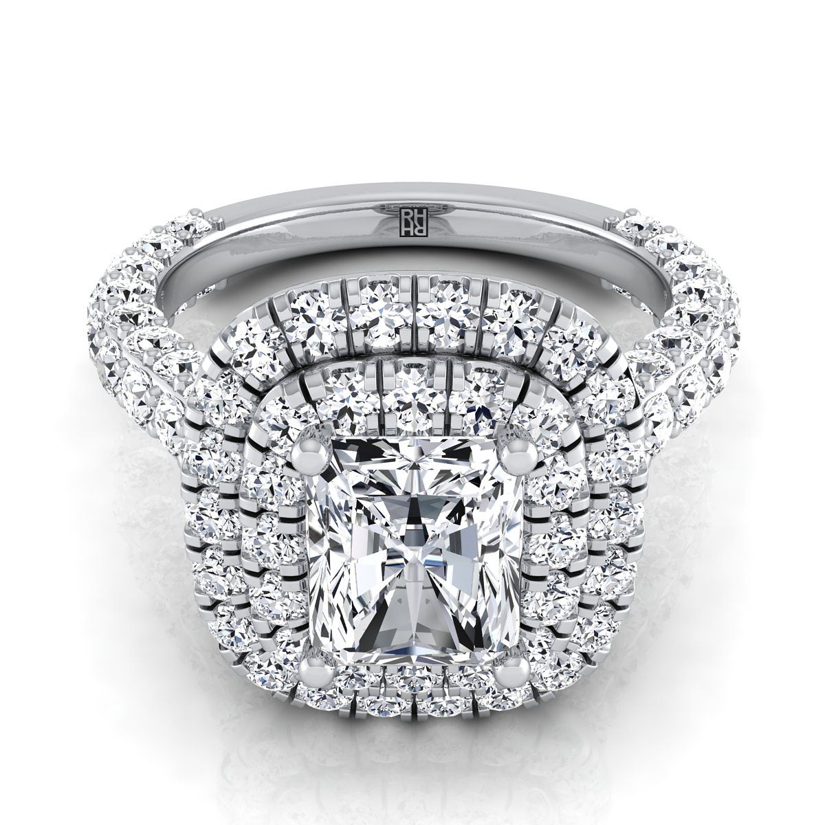 18K White Gold Radiant Cut Center Diamond Bold and Fancy Double Halo French Pave Engagement Ring -2ctw
