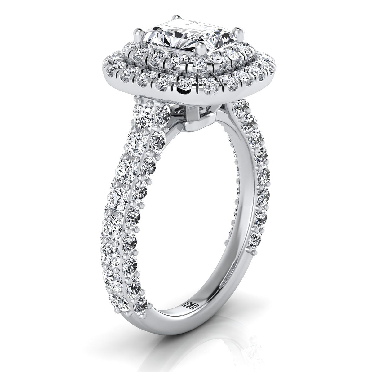 Bold Double Halo Radiant, in 18K White Gold, pave setting – side profile | RockHer