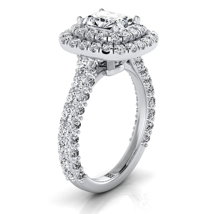 Bold Double Halo Radiant, in 18K White Gold, pave setting – side profile | RockHer
