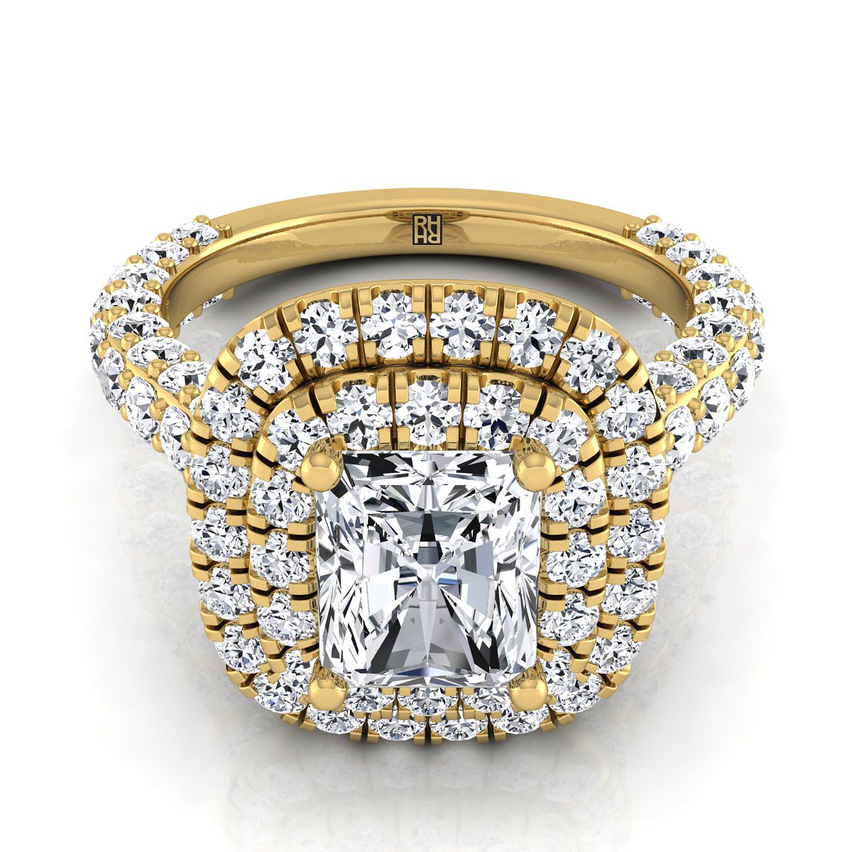 Bold Double Halo Radiant, in 18K Yellow Gold, pave setting | RockHer