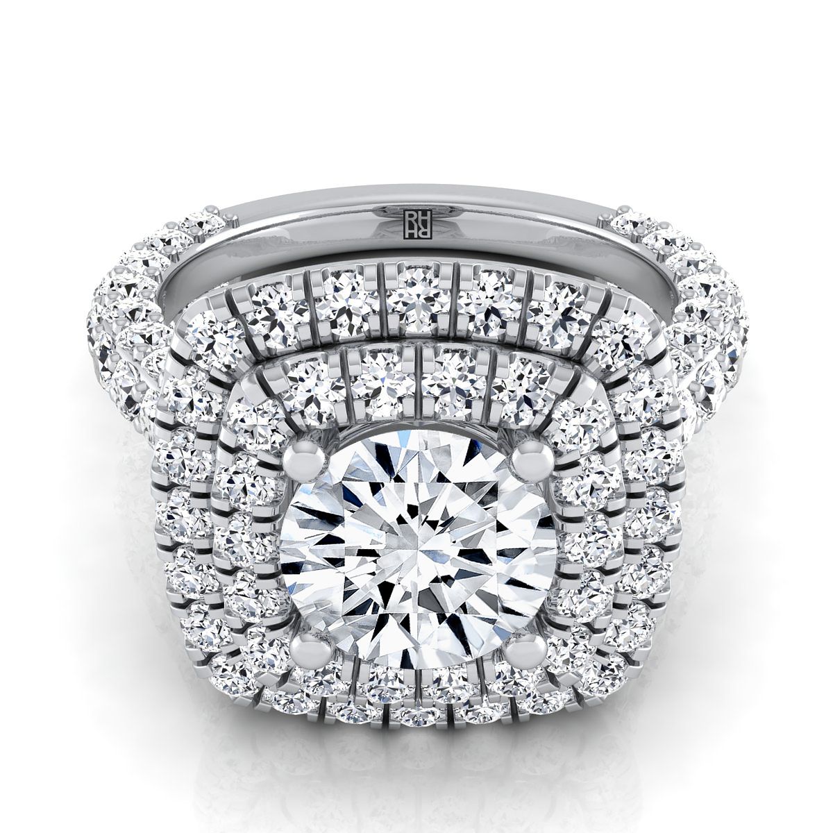 Round Brilliant, Bold Double Halo, in 18K White Gold, pave setting | RockHer