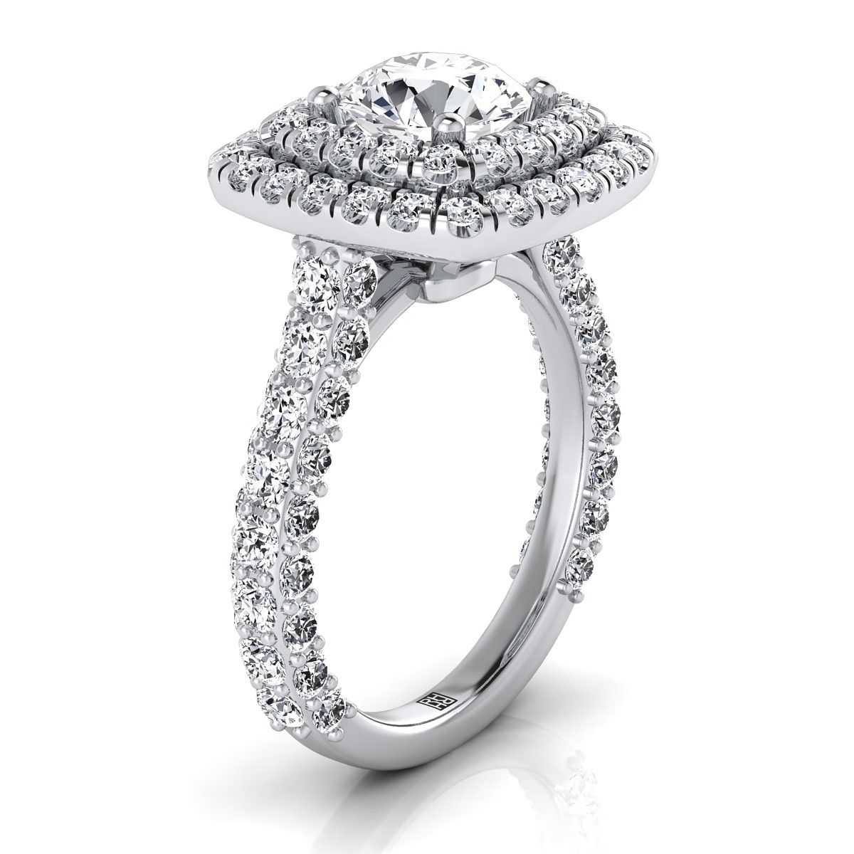 Round Brilliant, Bold Double Halo, in Platinum, pave setting – side profile | RockHer