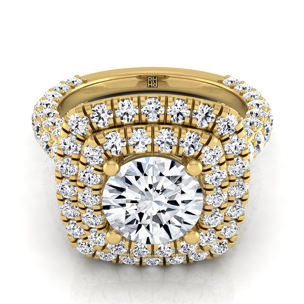 Round Brilliant, Bold Double Halo, in 18K Yellow Gold, pave setting | RockHer