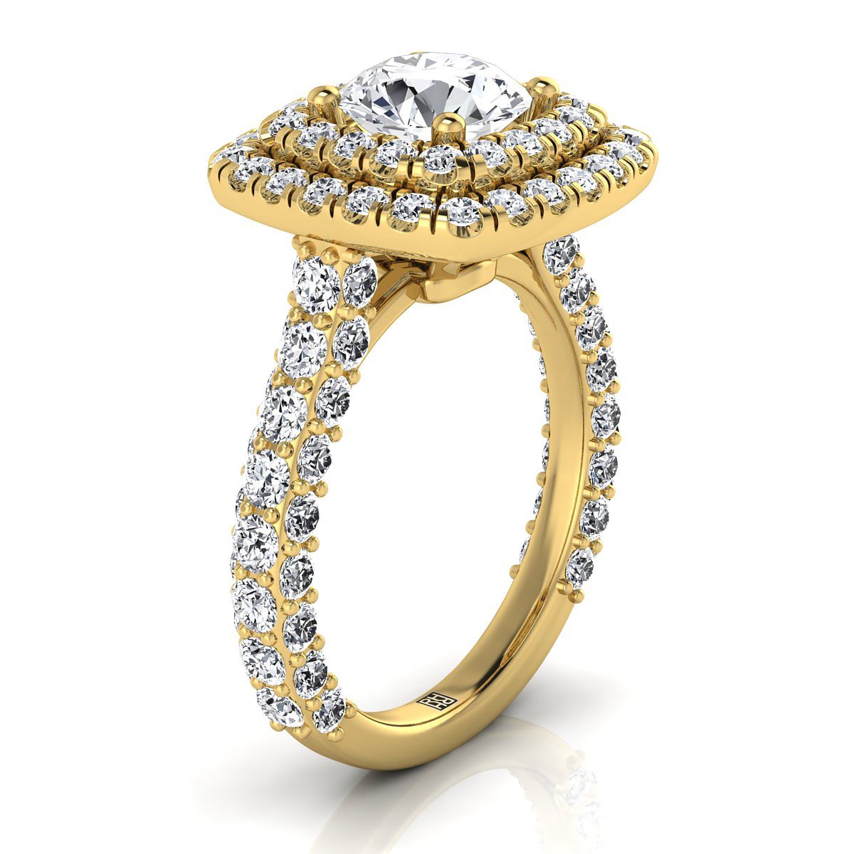 Round Brilliant, Bold Double Halo, in 18K Yellow Gold, pave setting – side profile | RockHer