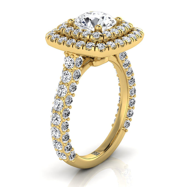 14K Yellow Gold Round Brilliant Diamond Bold and Fancy Double Halo French Pave Engagement Ring -2ctw