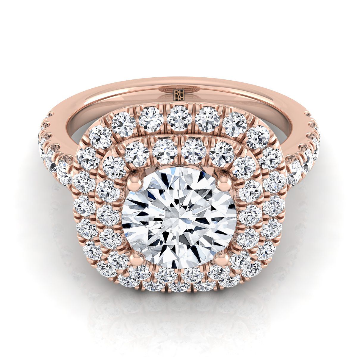 Round Brilliant, Double Halo French Pavé, in 14K Rose Gold, pave setting – view 8 | RockHer