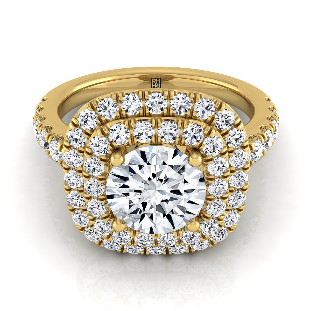 Round Brilliant, Double Halo French Pavé, in 18K Yellow Gold, pave setting – view 8 | RockHer