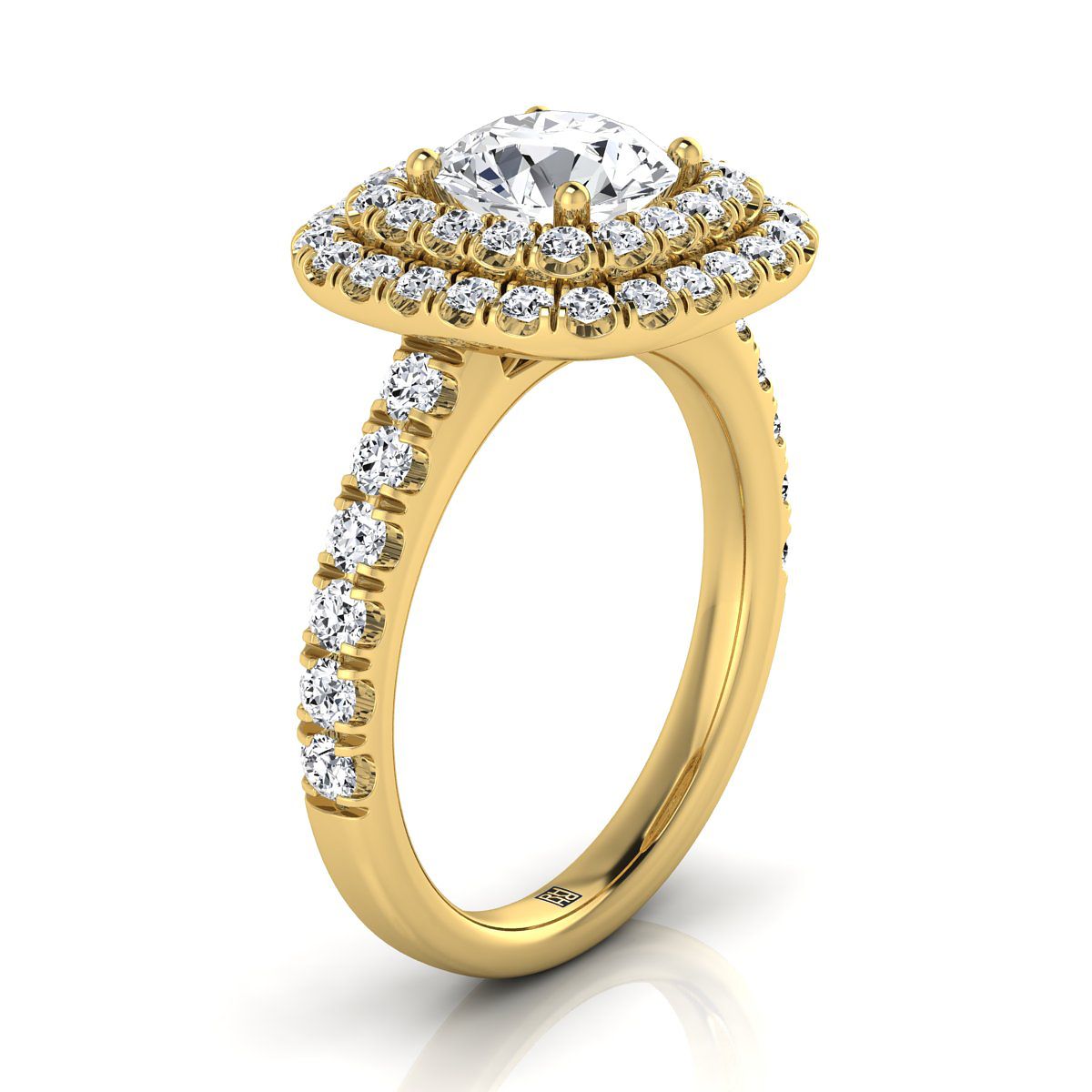 Round Brilliant, Double Halo French Pavé, in 18K Yellow Gold, pave setting – view 9 | RockHer