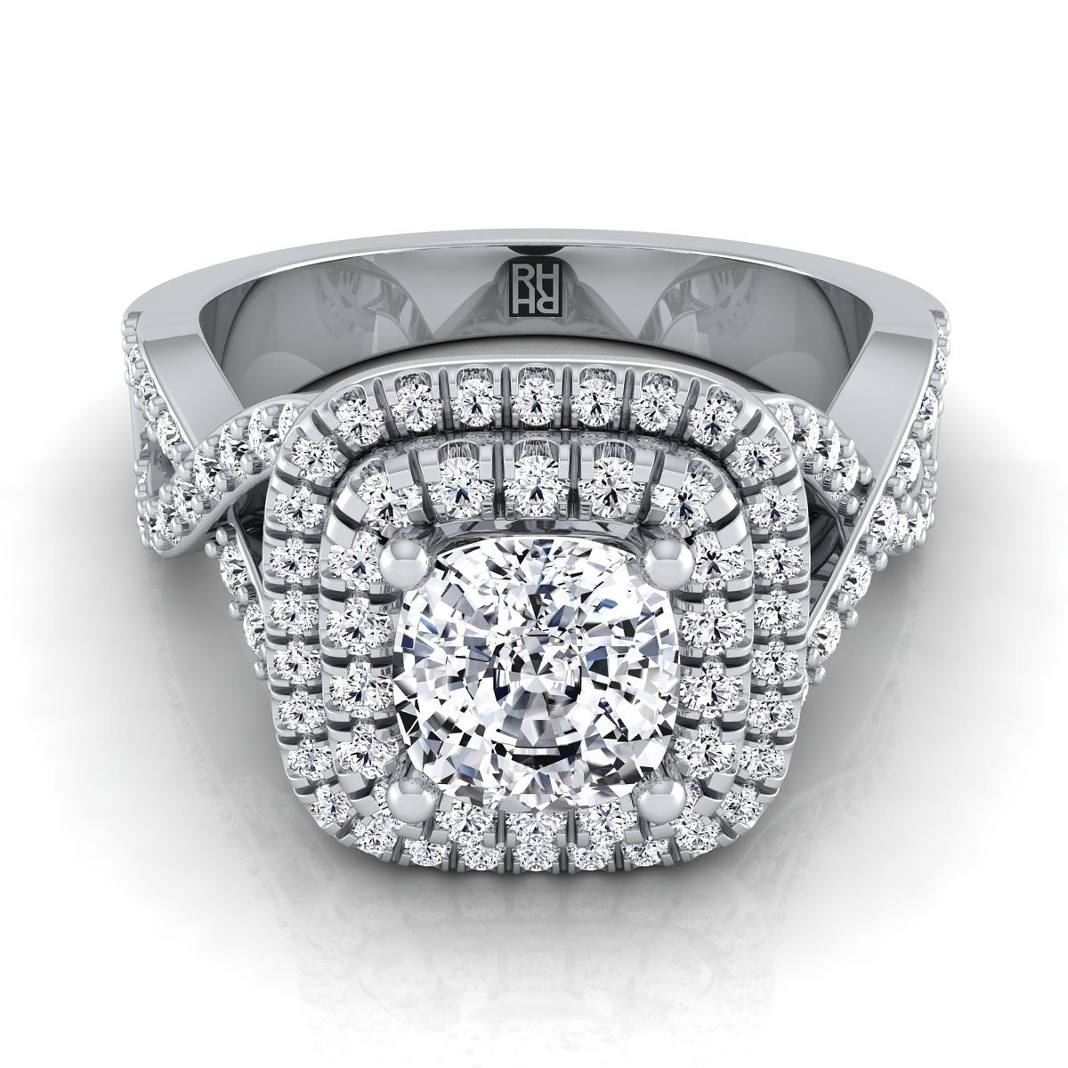 Twist Double Halo Cushion, in Platinum, pave setting | RockHer