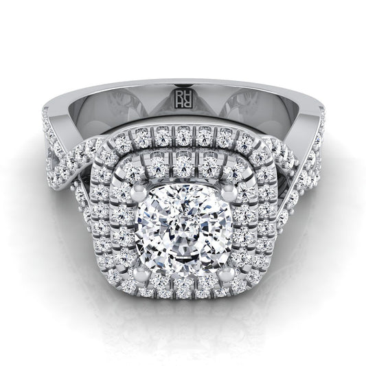 Twist Double Halo Cushion, in 18K White Gold, pave setting | RockHer