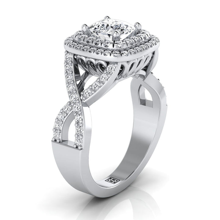 Twist Double Halo Cushion, in Platinum, pave setting – side profile | RockHer