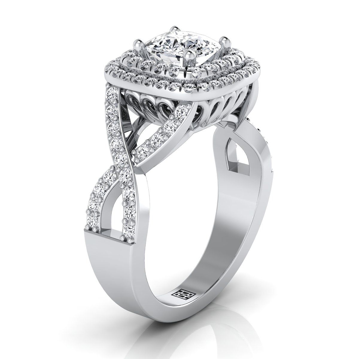 Twist Double Halo Cushion, in 18K White Gold, pave setting – side profile | RockHer