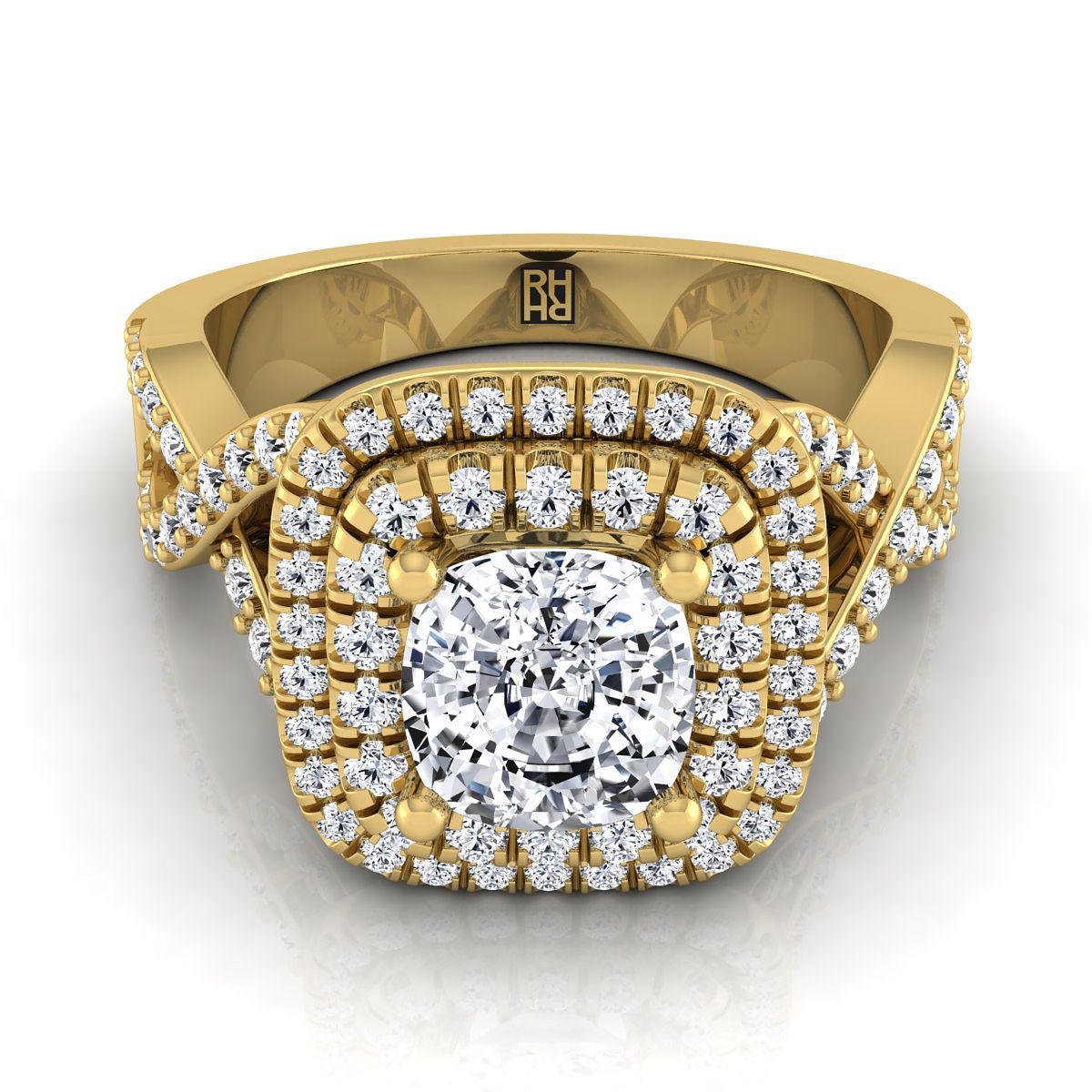 Twist Double Halo Cushion, in 18K Yellow Gold, pave setting | RockHer