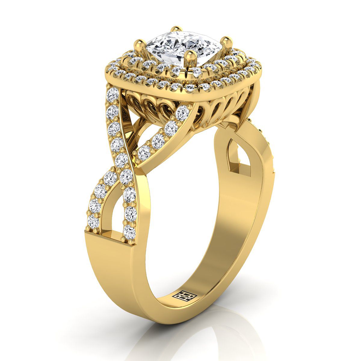 Twist Double Halo Cushion, in 18K Yellow Gold, pave setting – side profile | RockHer
