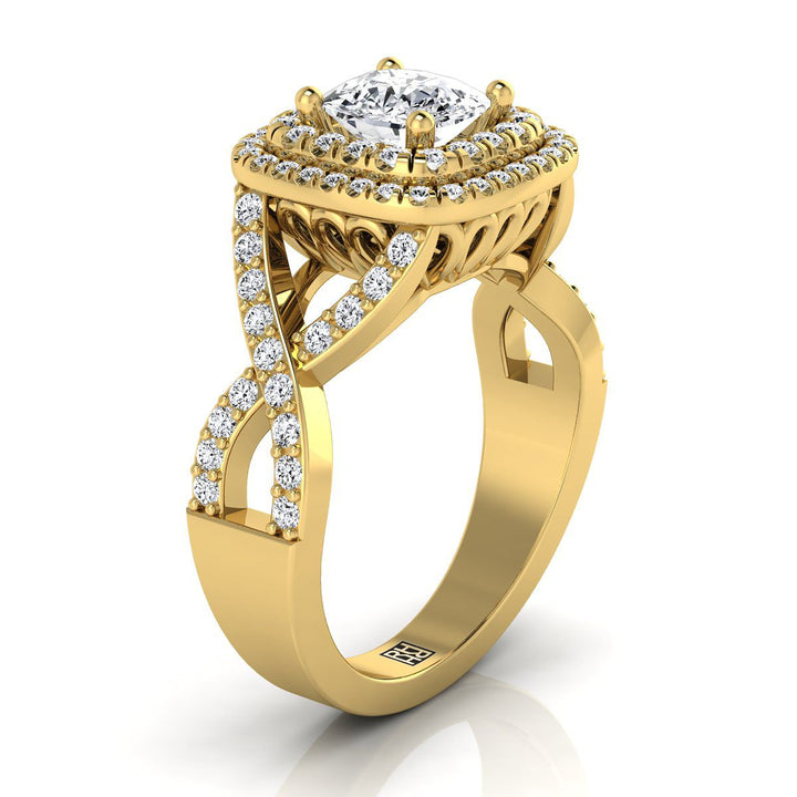 Twist Double Halo Cushion, in 18K Yellow Gold, pave setting – side profile | RockHer