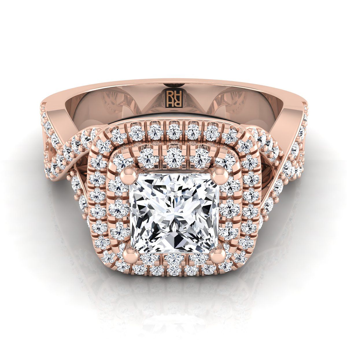 Twist Double Halo Princess, in 14K Rose Gold, pave setting | RockHer