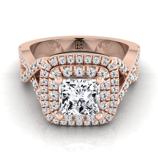 Twist Double Halo Princess, in 14K Rose Gold, pave setting | RockHer