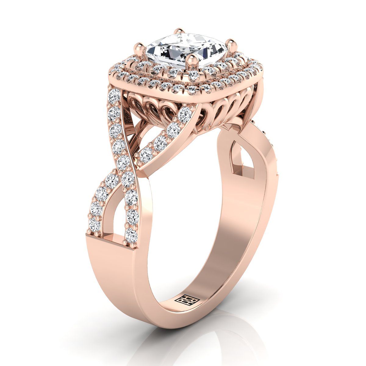 Twist Double Halo Princess, in 14K Rose Gold, pave setting – side profile | RockHer