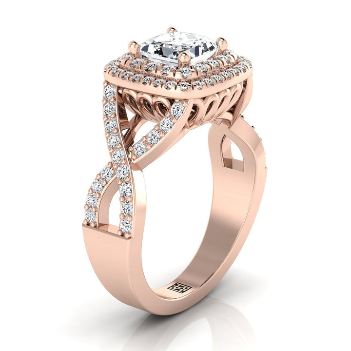 Twist Double Halo Princess, in 14K Rose Gold, pave setting – side profile | RockHer