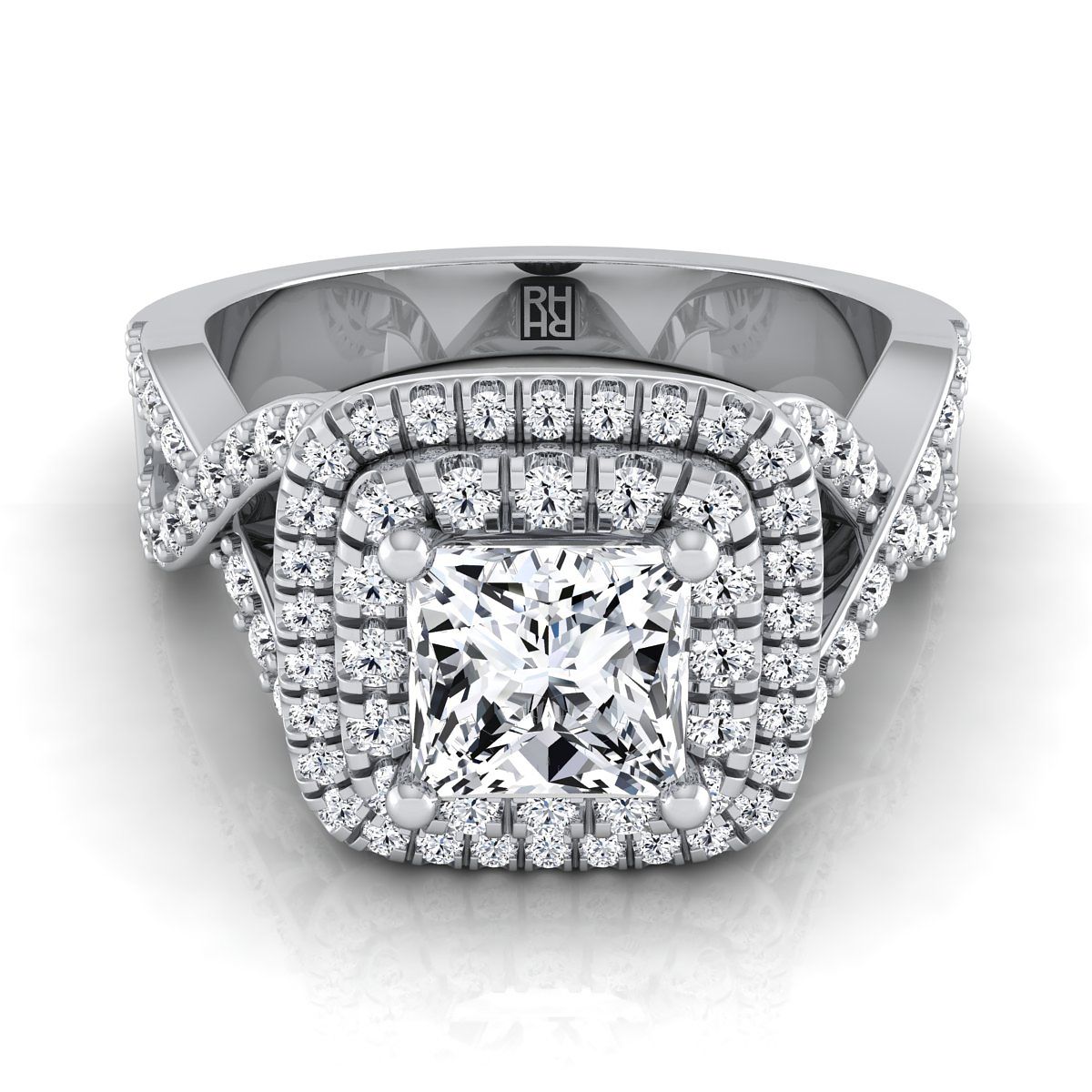Twist Double Halo Princess, in 18K White Gold, pave setting | RockHer