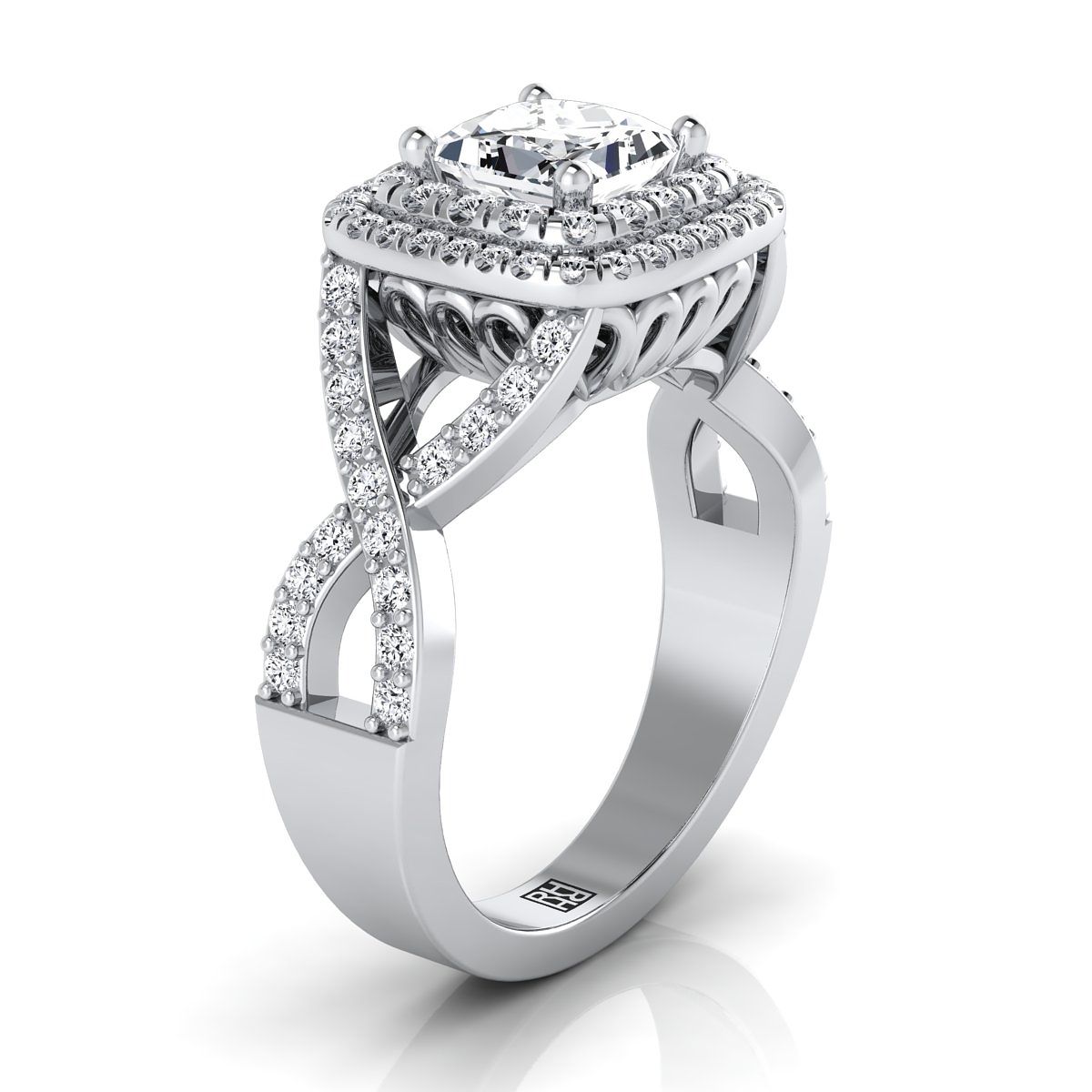 Twist Double Halo Princess, in 18K White Gold, pave setting – side profile | RockHer