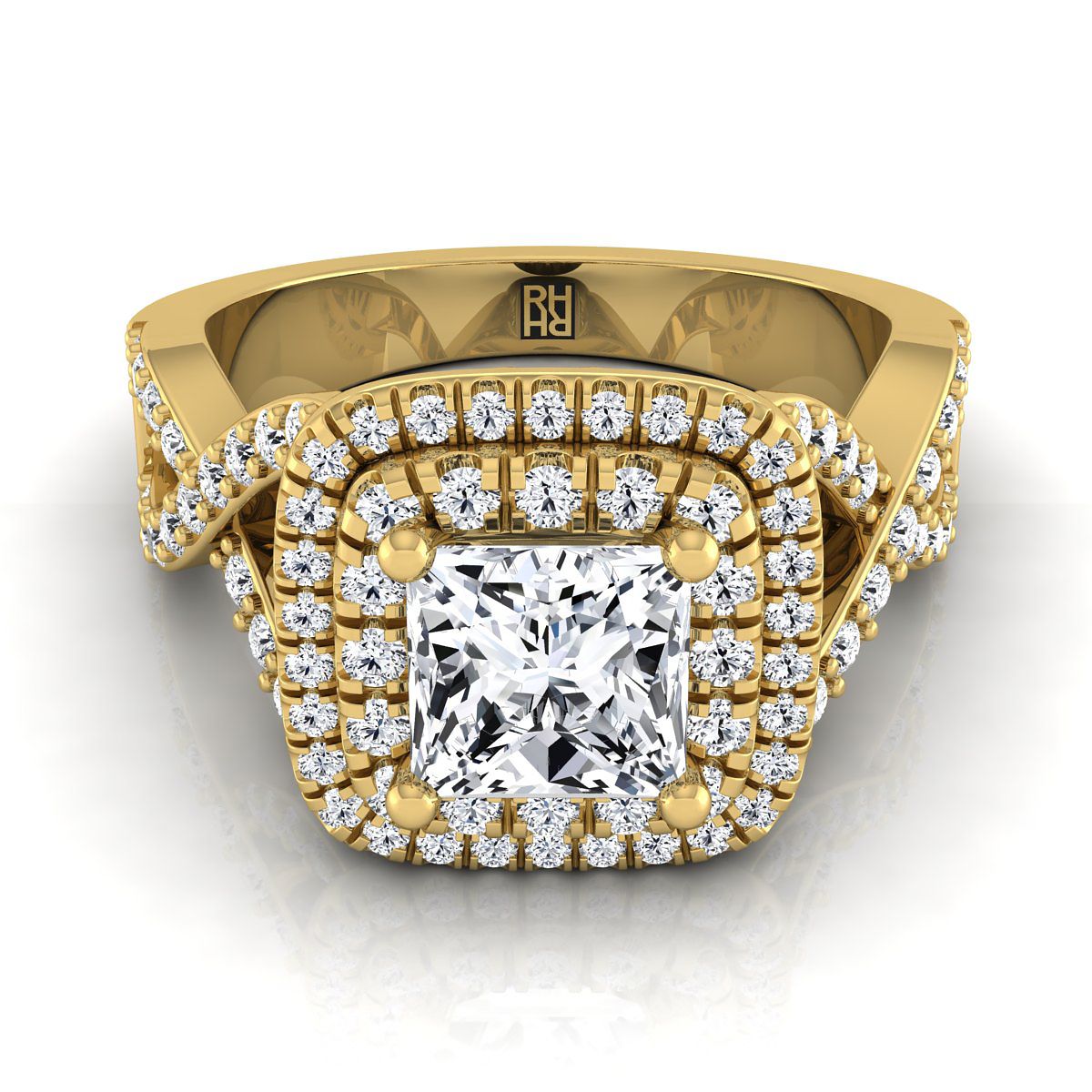 Twist Double Halo Princess, in 18K Yellow Gold, pave setting | RockHer