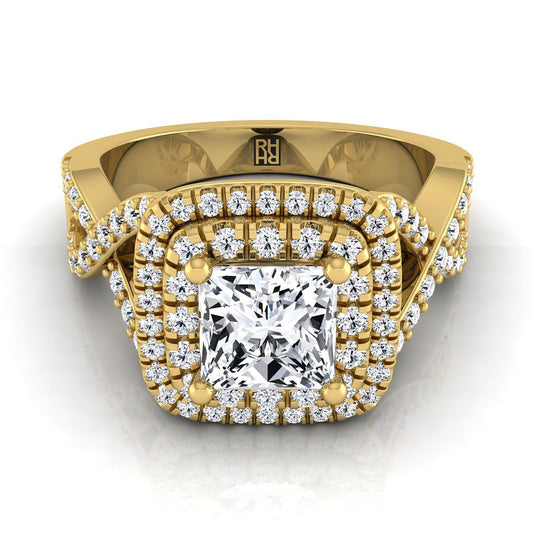 Twist Double Halo Princess, in 18K Yellow Gold, pave setting | RockHer