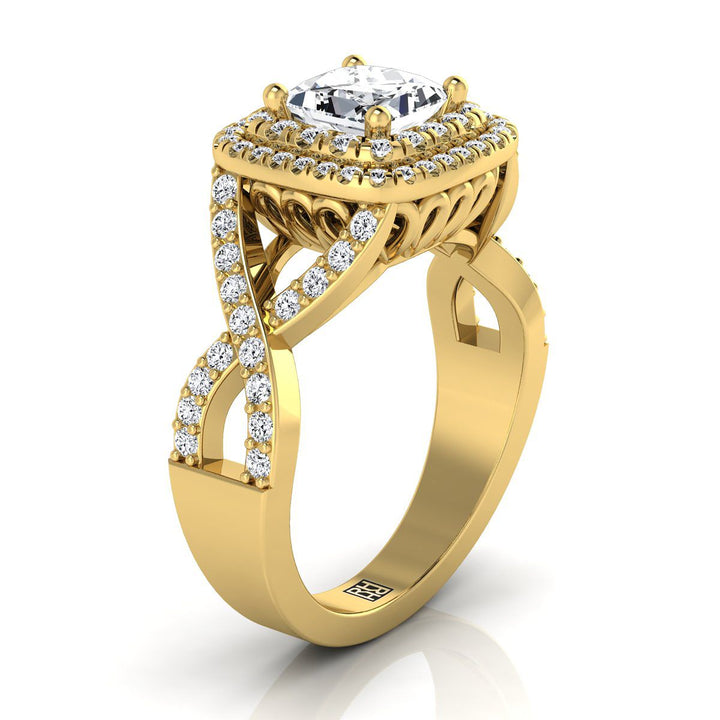 Twist Double Halo Princess, in 18K Yellow Gold, pave setting – side profile | RockHer