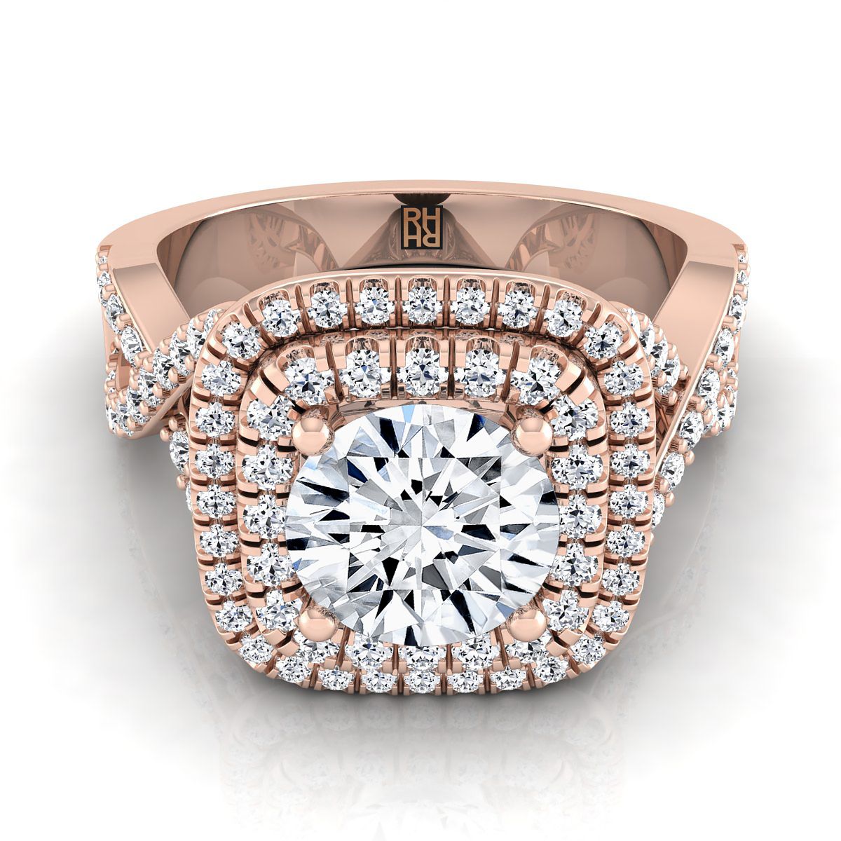 Round Brilliant, Twist Double Halo, in 14K Rose Gold, pave setting | RockHer
