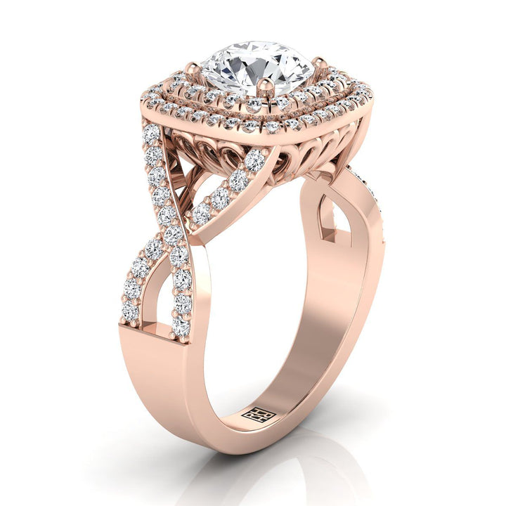 Round Brilliant, Twist Double Halo, in 14K Rose Gold, pave setting – side profile | RockHer