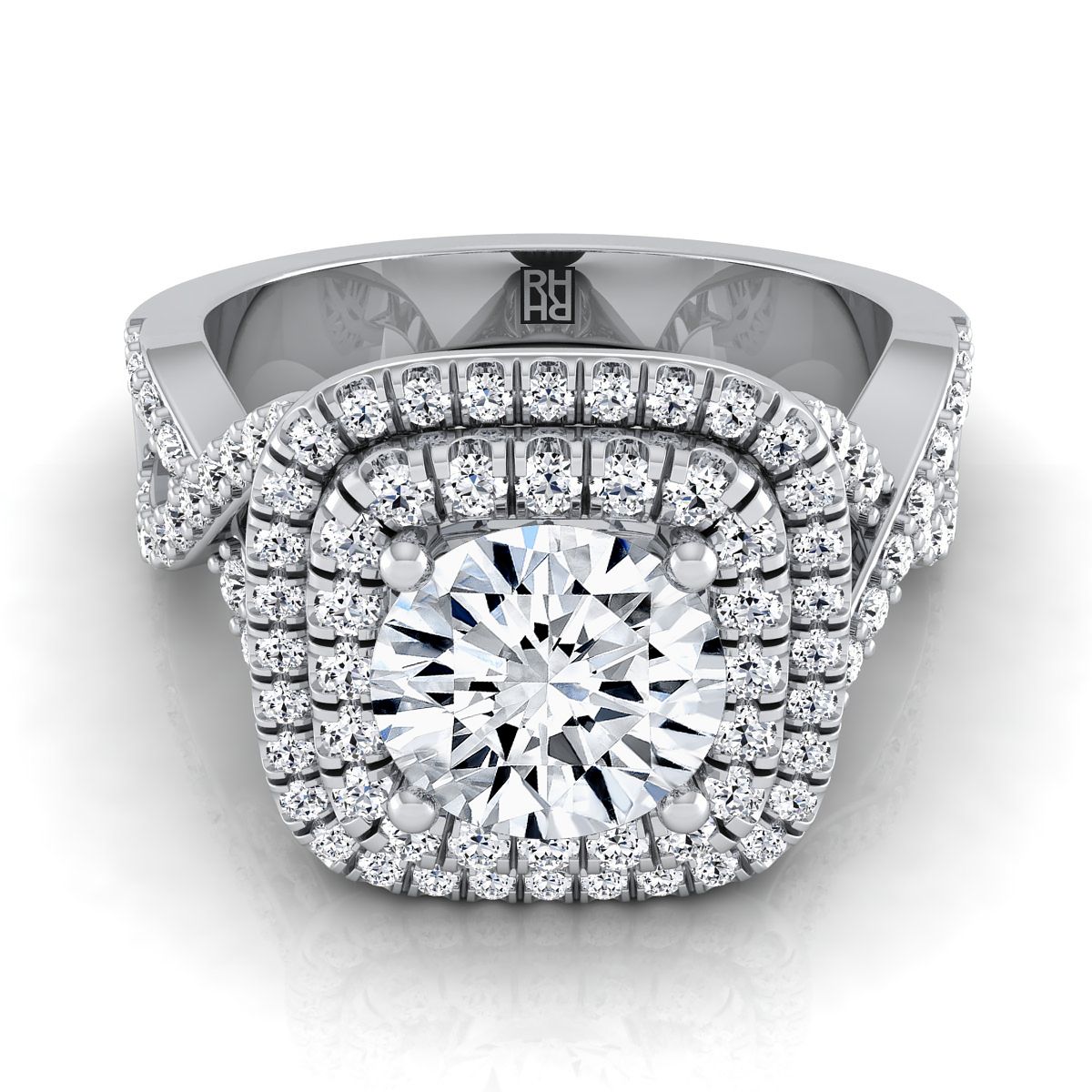 Round Brilliant, Twist Double Halo, in 18K White Gold, pave setting – view 8 | RockHer