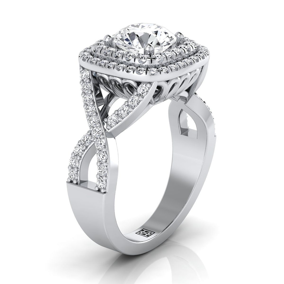 Round Brilliant, Twist Double Halo, in 18K White Gold, pave setting – view 9 | RockHer