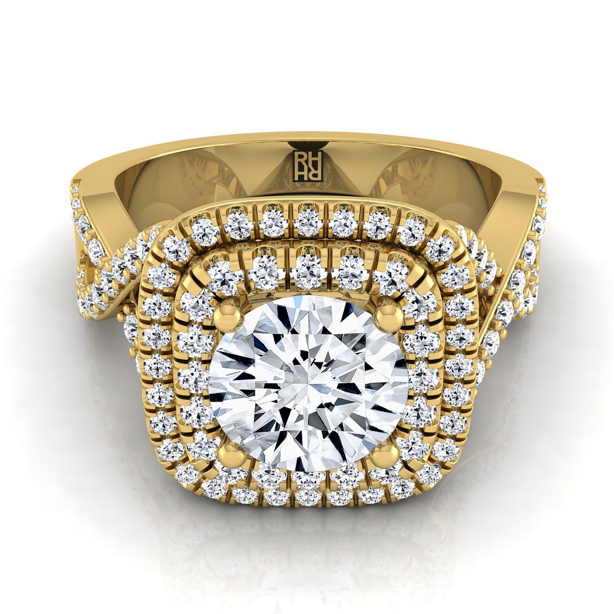 Round Brilliant, Twist Double Halo, in 18K Yellow Gold, pave setting | RockHer