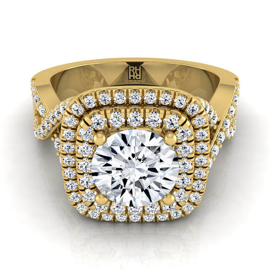Round Brilliant, Twist Double Halo, in 18K Yellow Gold, pave setting | RockHer