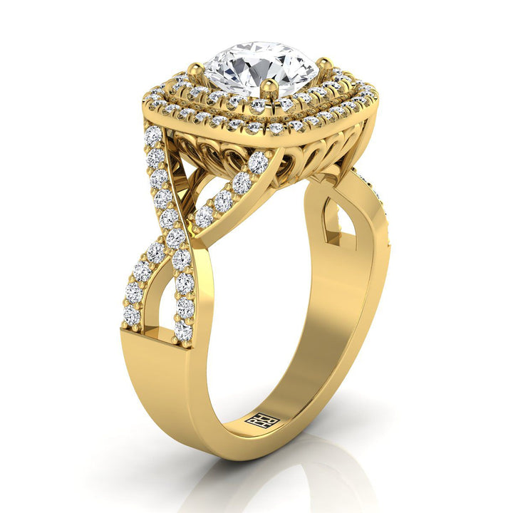 Round Brilliant, Twist Double Halo, in 18K Yellow Gold, pave setting – side profile | RockHer