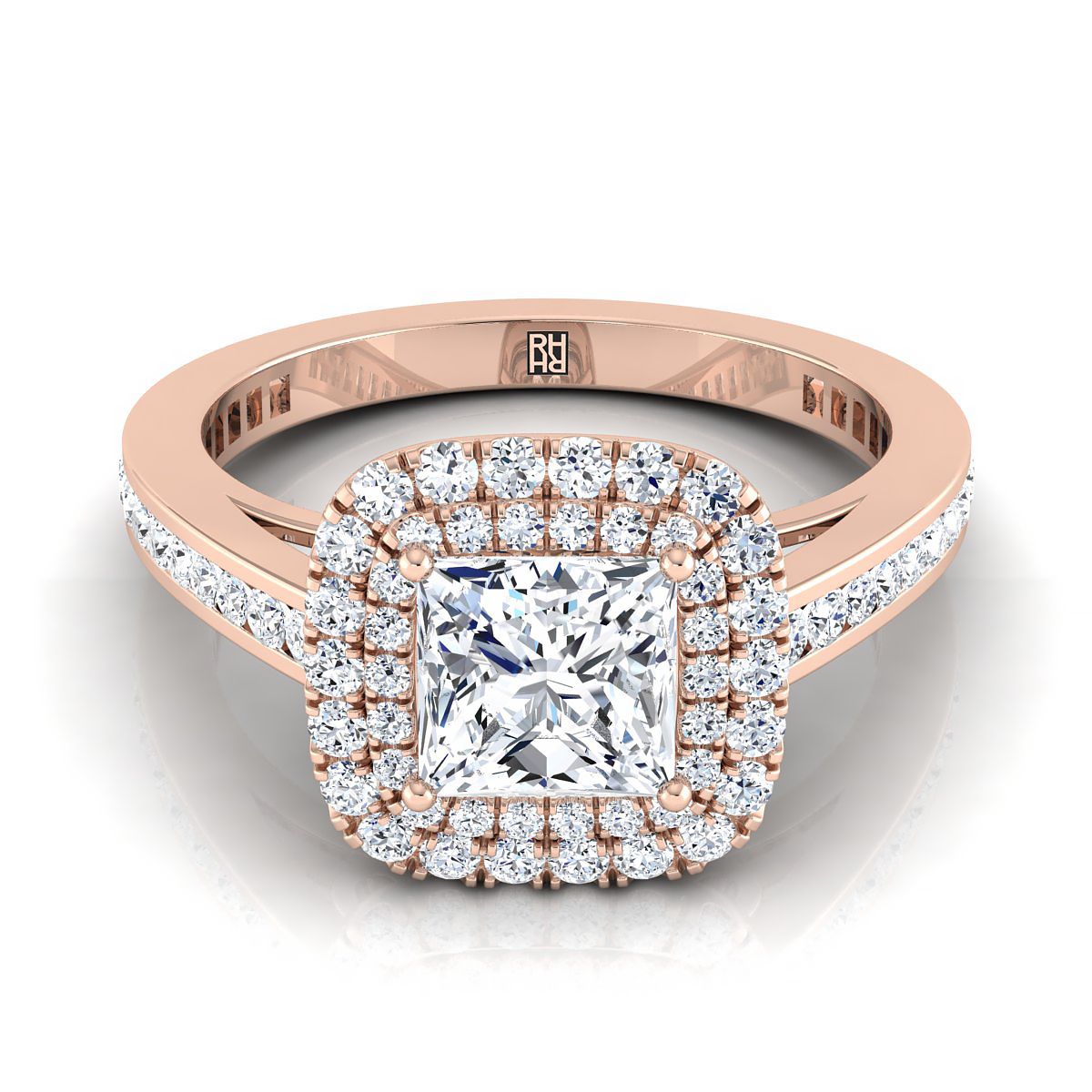 Double Halo Channel Band Princess, in 14K Rose Gold, pave setting | RockHer