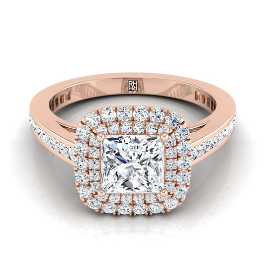 Double Halo Channel Band Princess, in 14K Rose Gold, pave setting | RockHer