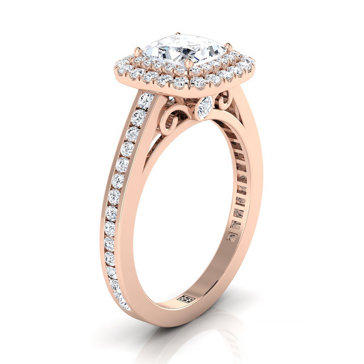 Double Halo Channel Band Princess, in 14K Rose Gold, pave setting – side profile | RockHer