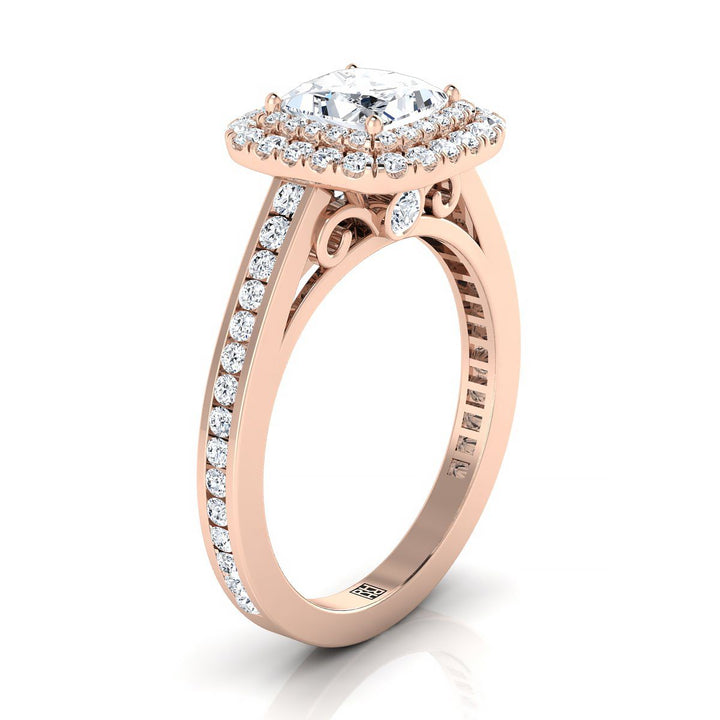 Double Halo Channel Band Princess, in 14K Rose Gold, pave setting – side profile | RockHer