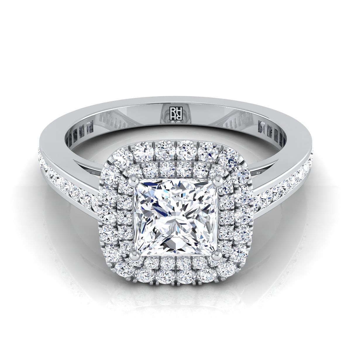 Double Halo Channel Band Princess, in 18K White Gold, pave setting – view 8 | RockHer