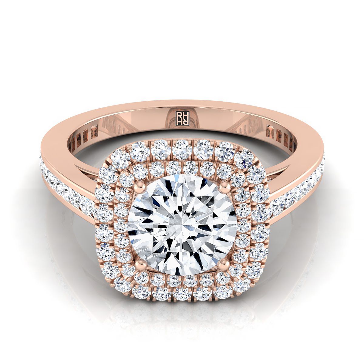Round Brilliant, Double Halo Channel Band, in 14K Rose Gold, pave setting | RockHer