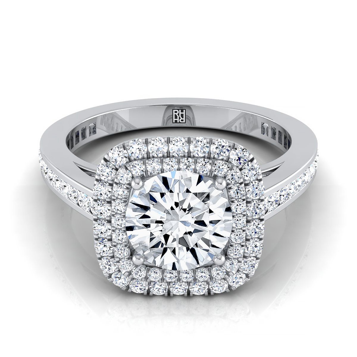 Round Brilliant, Double Halo Channel Band, in 18K White Gold, pave setting | RockHer