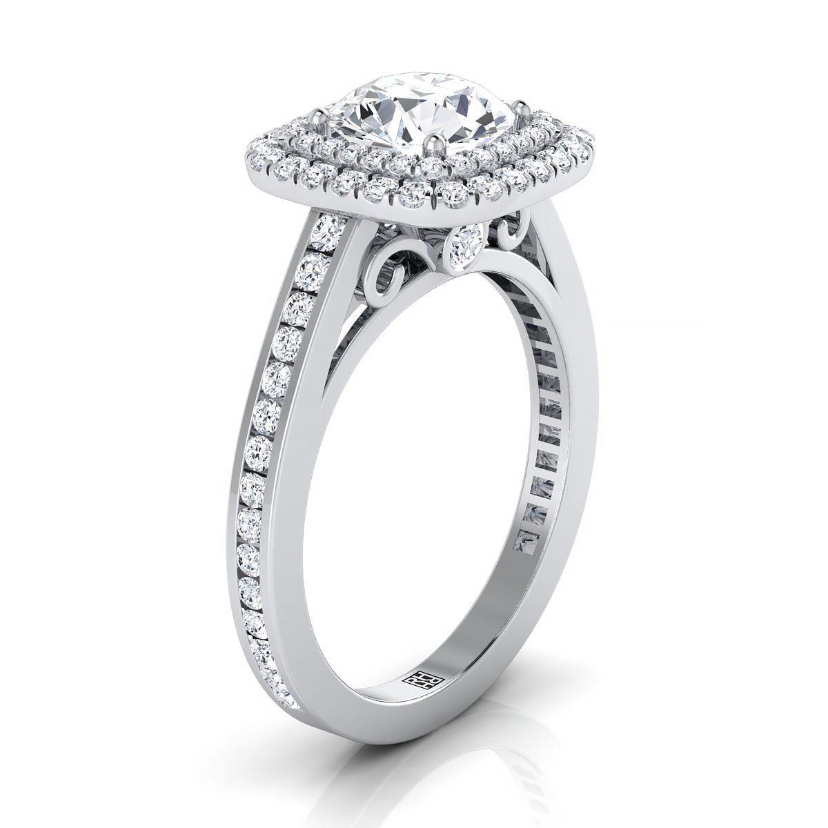 Round Brilliant, Double Halo Channel Band, in 18K White Gold, pave setting – side profile | RockHer