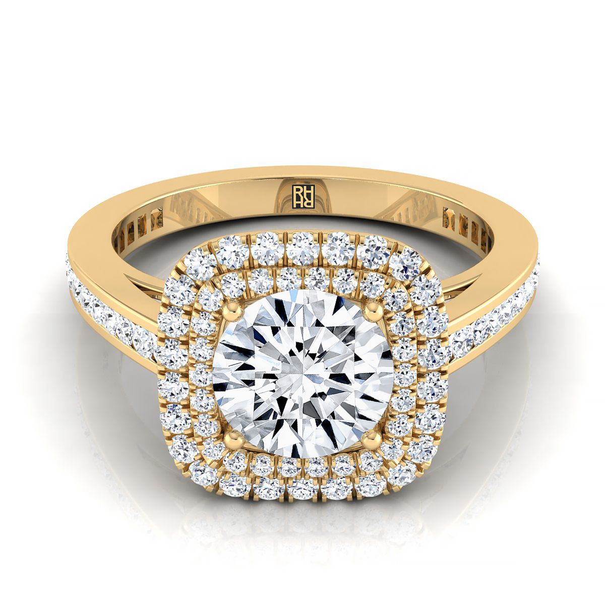 Round Brilliant, Double Halo Channel Band, in 18K Yellow Gold, pave setting | RockHer