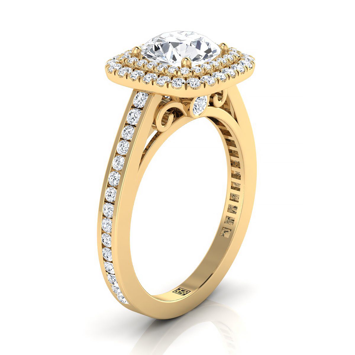 14K Yellow Gold Round Brilliant Diamond Double Halo Channel Side Engagement Ring -5/8ctw