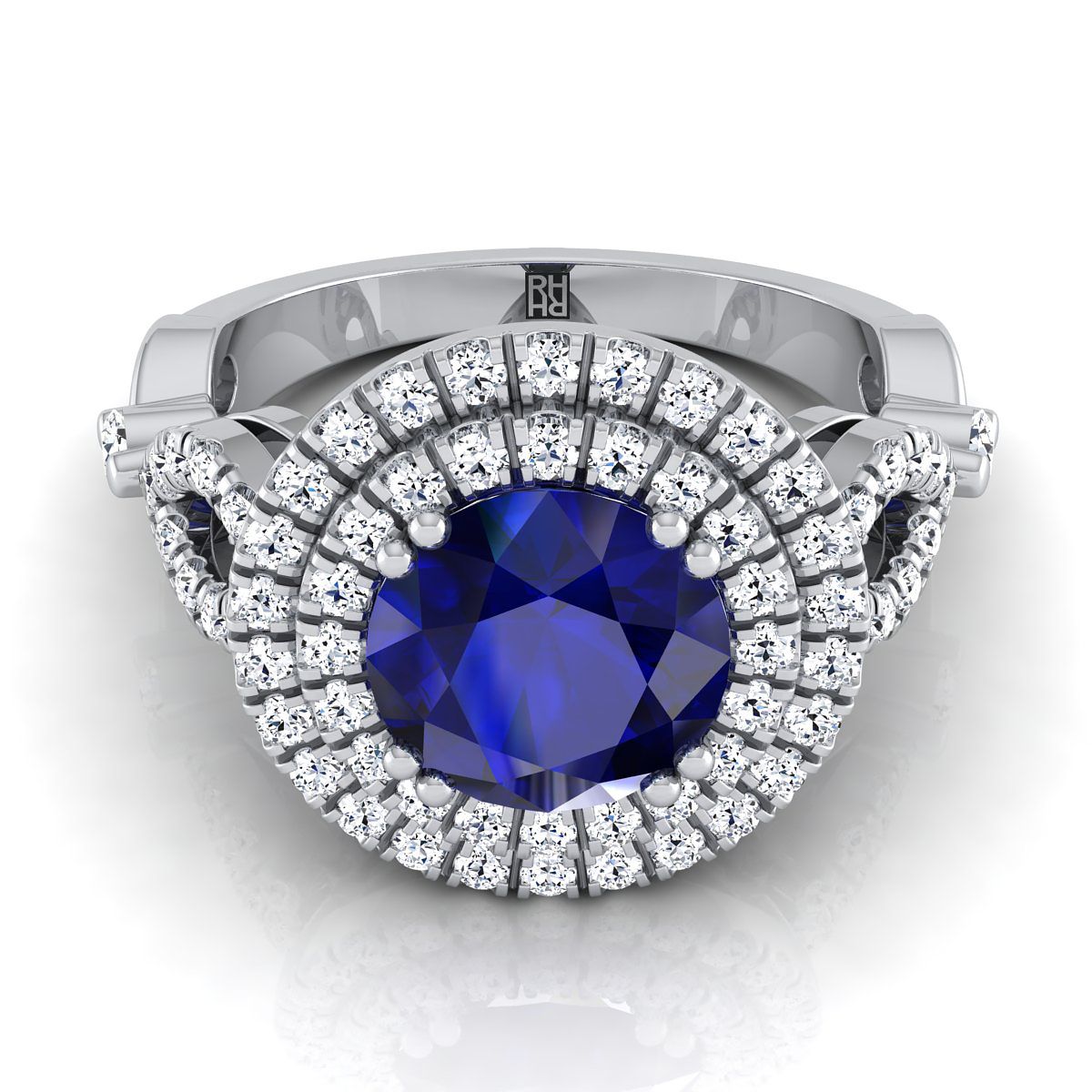 14K White Gold Round Brilliant Sapphire Scalloped Pavé Open Side Double Halo Diamond Engagement Ring -1/2ctw