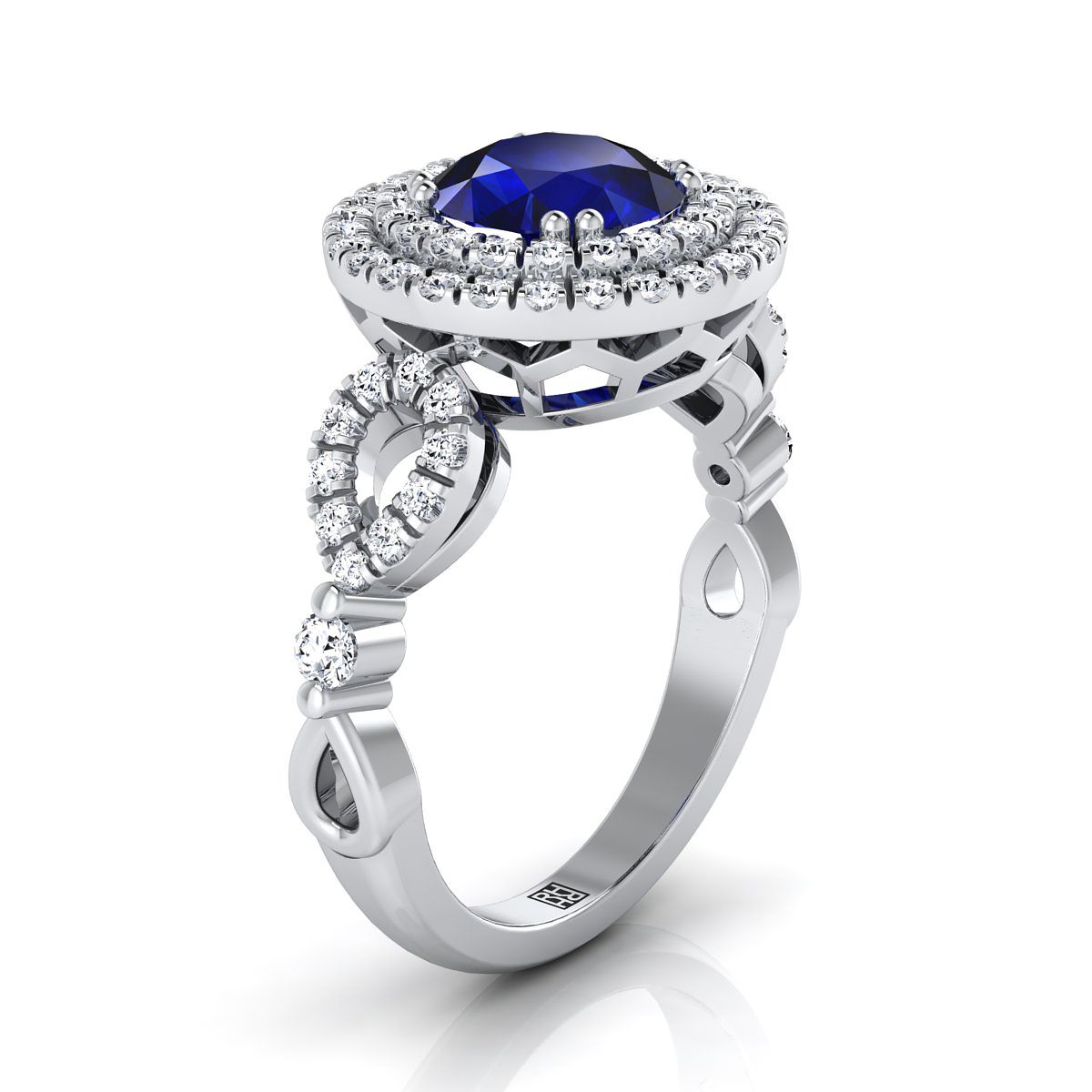 14K White Gold Round Brilliant Sapphire Scalloped Pavé Open Side Double Halo Diamond Engagement Ring -1/2ctw