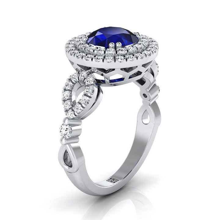 14K White Gold Round Brilliant Sapphire Scalloped Pavé Open Side Double Halo Diamond Engagement Ring -1/2ctw