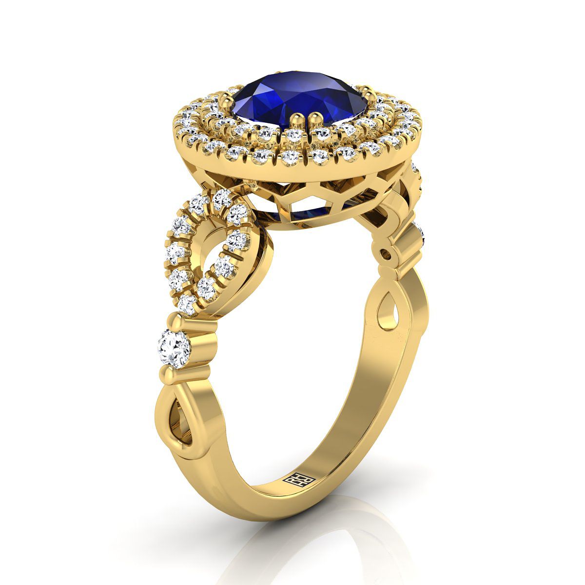 แหวนหมั้นเพชรแบบดับเบิลฮาโล่ข้างเปิดประดับไพลินทรงกลมเจียระไนแบบบริลเลียนต์สีเหลืองทอง 14K แบบสกัลลอปและปาเว่ขนาด 1/2 กะรัตรวม