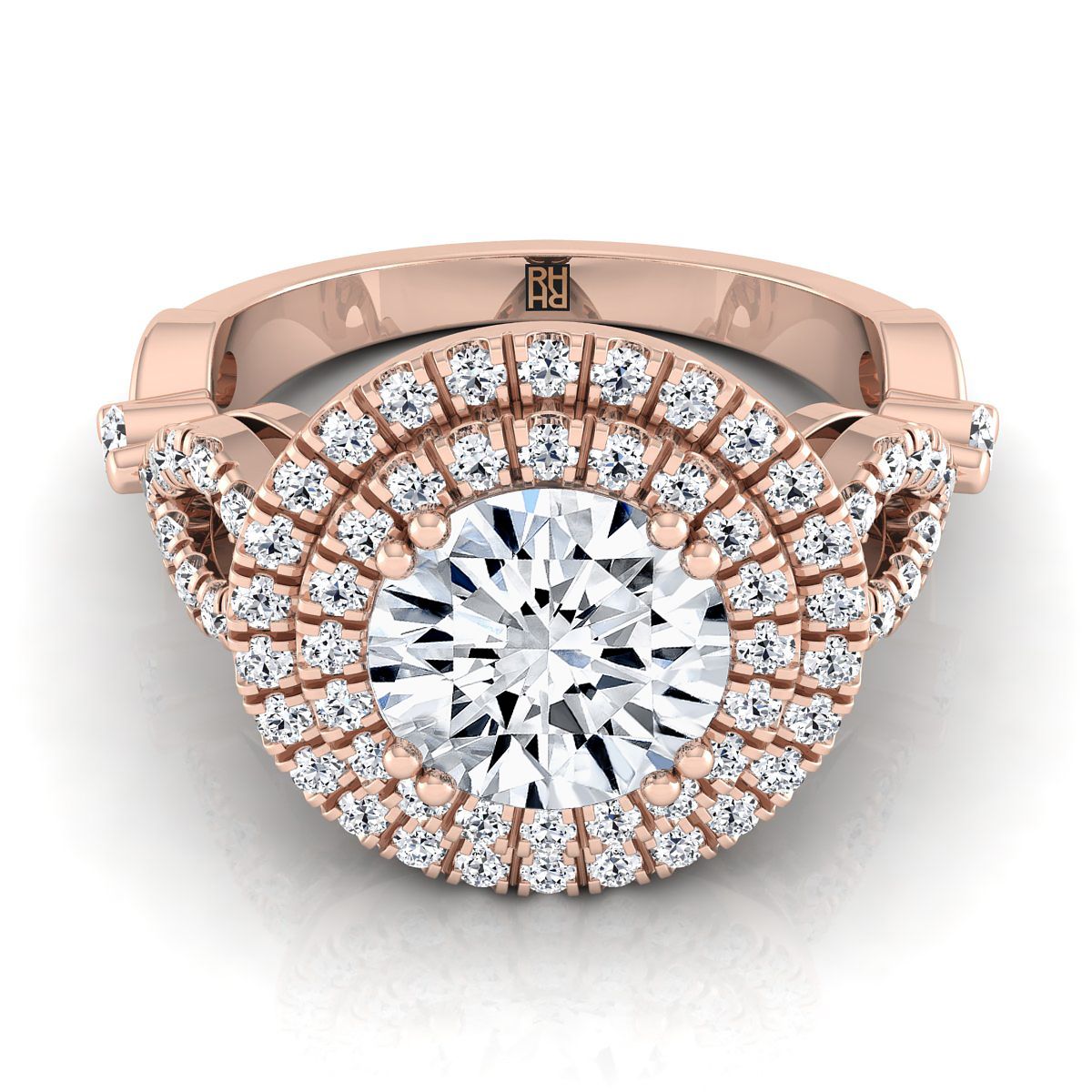 Round Brilliant, Open Side Double Halo, in 14K Rose Gold, pave setting – view 8 | RockHer